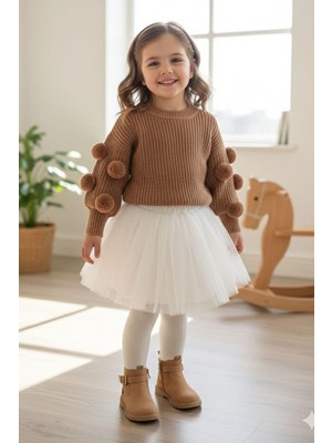 Miniğimin Cicileri Pon Pon Detaylı Triko Kız Çocuk Kazak - Kahverengi