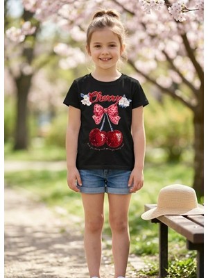 %100 Pamuklu  Cherry Baskılı  Çocuk T-Shirt