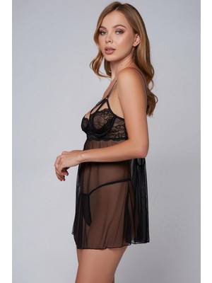 Alfa Aksesuar 03 Giyim Özel Tasarım Siyah Dantel Işlemeli Fantezi Tül Gecelik Takımı Beruflic