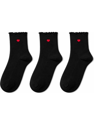 QUALITY WALKING 3’lü Kalp Desenli Dikişsiz Pamuk Kadın Çorap Fırfırlı Bilek Ipeksi Yumuşaklı