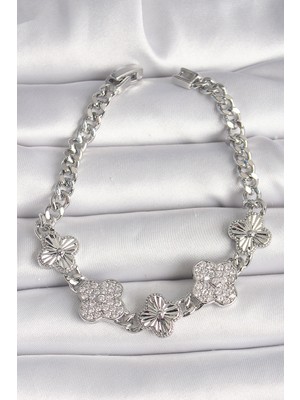 Venüs Shopping Pirinç Gümüş Renk Zincir Yonca Model Kadın Bileklik - TJ-BB6837