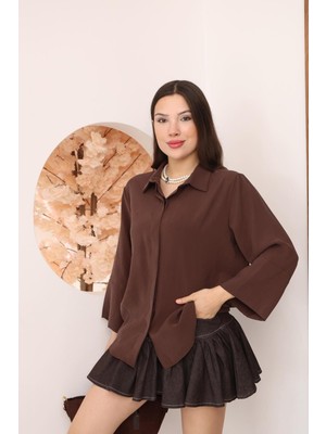 Famoda Kadın Slim Fit Dar Kesim Vücuda Oturan Uzun Kollu Kahve Gömlek