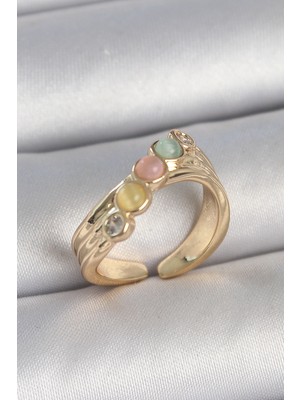 Venüs Shopping Pirinç Gold Renk Zirkon Taş Detaylı Karışık Mineli Ayarlanabilir Kadın Yüzük - TJ-BYK3729