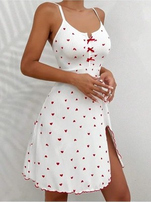 Alfa Aksesuar 03 Giyim Kadın Beyaz Kırmızı Kalp Desenli Askılı  Elbise 5066 Beruflic