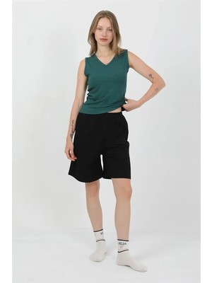 Alfa Aksesuar 03 Moda Kadın Kalın Askılı Pamuk Penye Şortlu Takım Yeşil Beruflic