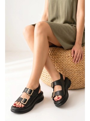 isiltikidsmoda Kaji Siyah Cilt Çift Tokalı Sandalet