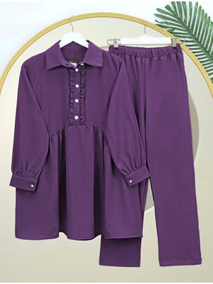 Modamorfo Önü Fırfırlı Yarım Düğmeli Keten Takım -Mürdüm