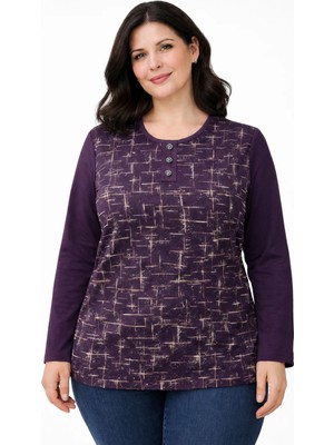 Mutlu City Kadın Desenli Yuvarlak Yaka Rahat Kesim Orta Yaş ve Üzeri Anne Penye Bluz 7001