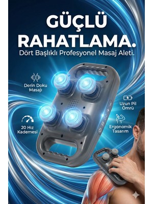 4 Başlıklı Masaj Tabancası - Ergonomik Derin Doku Sırt ve Boyun Masaj Aleti Ağrı ve Sızı Gi