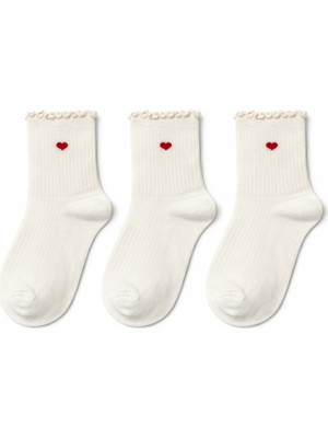 QUALITY WALKING 3’lü Kalp Desenli Dikişsiz Pamuk Kadın Çorap Fırfırlı Bilek Ipeksi Yumuşaklı