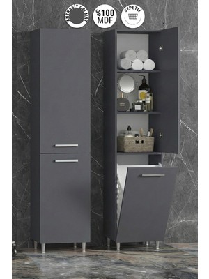 Özceden 35X167 cm Antrasit Gri Mat Mdf Sepetli Ayaklı Banyo Boy Dolabı
