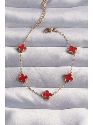 Venüs Shopping 316L Çelik Baby Boy Gold Renk Kırmızı Mineli Yonca Bileklik - TJ-BB6274