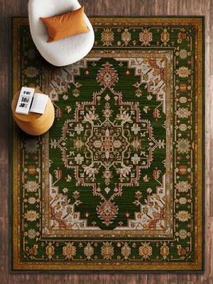 HALIZZON Yeşil Saray Tipi Klasik Dijital Baskı Halı Kaymaz Taban Salon Halısı