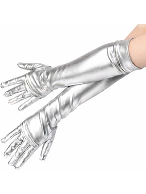 Venüs Shopping Gümüş Renk Dirsek Altı Lüks Saten Eldiven 40 cm