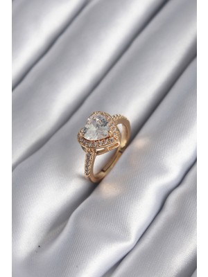 Venüs Shopping Pirinç Gold Renk Zirkon Taşlı Kalp Charm Model Kadın Yüzük - TJ-BYK2953