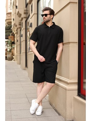 Madmext Siyah Polo Yaka T-Shirt Şort Takım E7363