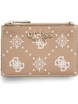 Guess Kadın Carrie Logo Desenli Fermuarlı Kartlık - Bej