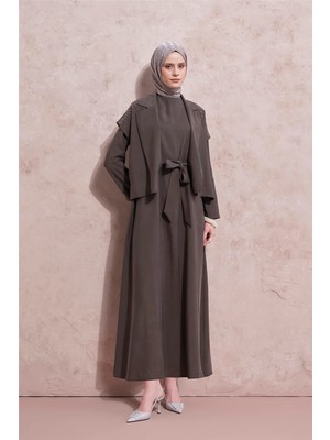 Armine  Taş Işlemeli Yelekli Takım Haki