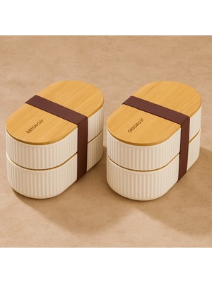 İlk El Grup 2'li 1000ML Ahşap Kapaklı Lunch Box Set Bambu Diyet Yemek Kabı Saklama Kutusu Öğle Yemeği Kutu