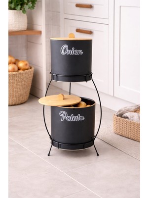 Bambu Kapaklı Metal Patates Soğanlık Siyah Standlı Decorev DC-7100