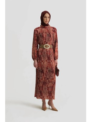 Armine Desenli Elbise Bordo