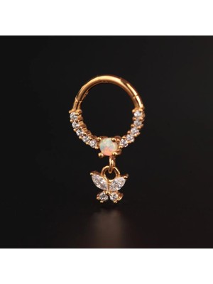 Aida Jewelss %100 Cerrahi Çelik Kelebek Sallantı Opal Zirkon 8mm x 1.2mm Altın Kilitli Halka Piercing