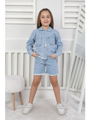 Superbaby Vintage Esintili Çiçek Işlemeli Kız Çocuk Kot Takım - Açık Mavi Denim Set
