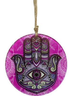 Mixperi Fuşya Cam Hamsa El Duvar Dekoru - 16 cm Dekoratif Mandala Desenli Cam Süs