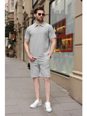 Madmext Gri Polo Yaka T-Shirt Şort Takım E7363
