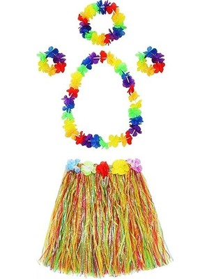 Uravas Store Mey Ithalat® Yetişkin ve Çocuk Uyumlu Luau Aloha Hawaii Kolye Renkli Etek Taç ve Bileklik Seti