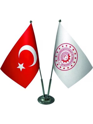 Özel Flama Bayrak Sanayi ve Teknoloji Bakanlığı Masa Bayrağı ve Türk Bayrağı Saten Kumaş Çiftli Set