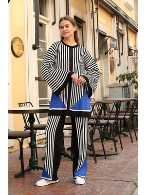 Feifei Çizgili Bisiklet Yaka Triko Takım Siyah