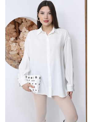 Famoda Kadın Beyaz Oversize Uzun Basic Gömlek