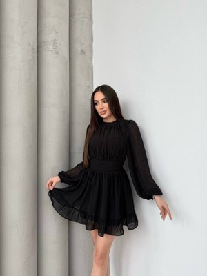 Serac Collection Kadın Yarım Balıkçı Yaka Kolları Transparan Astarlı Full Şifon Elbise