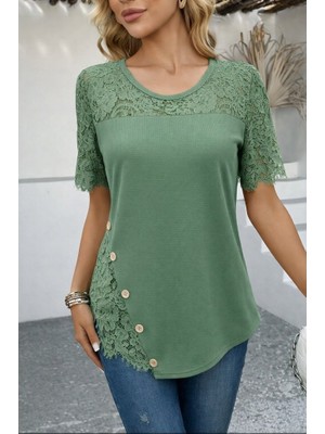 Yaman Market Kadın Kısa Kollu Dantel Detaylı Yandan Düğmeli Waffle Bluz