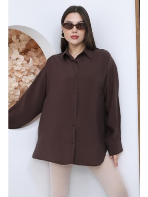 Famoda Kadın Kahverengi Oversize Uzun Basic Gömlek