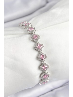 Venüs Shopping Pirinç Zirkon Taşlı Pembe Yonca Baget Model Gümüş Renk Vıp Seri Kadın Bileklik - TJ-BB7505