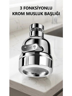 İlk El Grup Krom 3 Fonksiyonlu Döner Musluk Ucu Mutfak ve Banyo Için