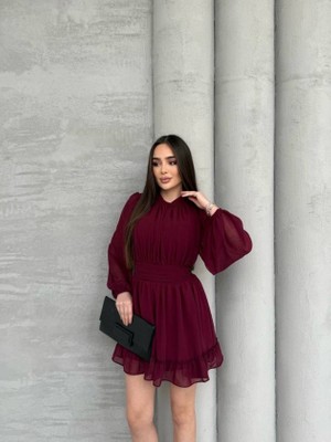 Arben Boutique Kadın Yarım Balıkçı Yaka Kolları Transparan Astarlı Full Şifon Elbise
