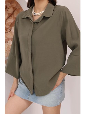 Famoda Kadın Slim Fit Dar Kesim Vücuda Oturan Uzun Kollu Haki Gömlek