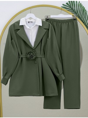 Modamorfo Kemeri Gül Detaylı Kruvaze Yaka Ceket Pantolon Takım  -Haki