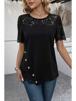 Arben Boutique Kadın Kısa Kollu Dantel Detaylı Yandan Düğmeli Waffle Bluz