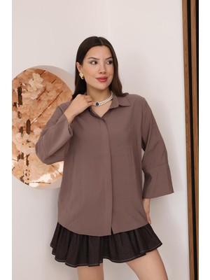 Famoda Kadın Slim Fit Dar Kesim Vücuda Oturan Uzun Kollu Gül Kurusu Gömlek