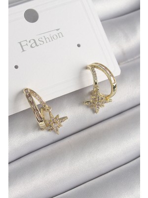 Venüs Shopping Pirinç Gold Renk Zirkon Taşlı Halka Model Yıldız Detay Kadın Küpe - TJ-BKP9989