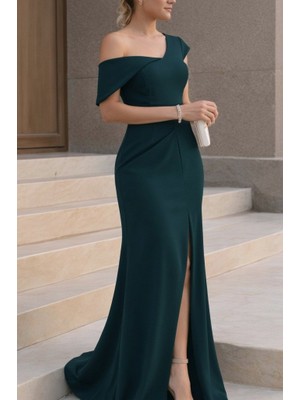 Tiana Kadın Tek Omzu Açık Kısa Kollu Önden Yırtmaçlı Uzun Ithal Krep Elbise