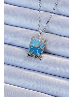 Venüs Shopping 316L Çelik Zincir Gümüş Renk Mavi Mineli Ay Figür Tarot Kolye - TJ-BKO9212
