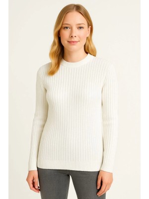 Emh Store Bisiklet Yuvarlak Yaka Triko Kazak Pamuklu Kalın Fitilli Dokuma, Regular Fit Uzun Kollu Kışlık Model - Beyaz