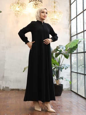 Modamorfo Yan Cepli Boydan Fermuarlı Kolu Lastikli Ferace -Siyah
