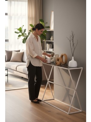 Feyza Design Beyaz Renk Füme Temper Camlı Metal Dresuar Konsol