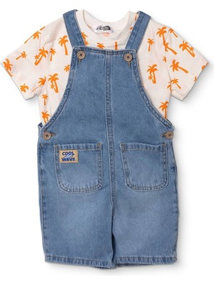 Hellobaby Erkek Bebek Salopet-Tişört Palmiye Baskılı Düğmeli Bisiklet Yaka Short Sleeve Reçme